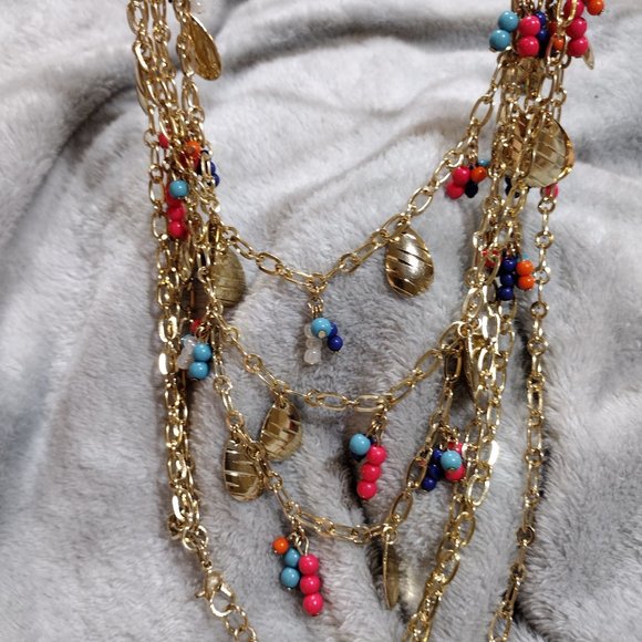 Colorful Gold Chain Charming Necklace Beads Triple Strand Women's Fashion - Picture 7 of 13